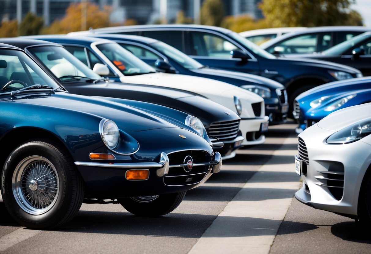 A lineup of vintage cars parked next to sleek modern vehicles, showcasing the influence of classic car designs on contemporary automobiles