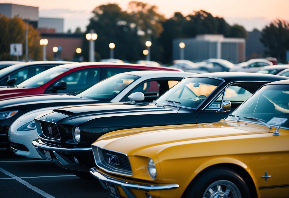 A row of classic American cars parked next to modern automobiles, showcasing the influence of retro designs on contemporary vehicles