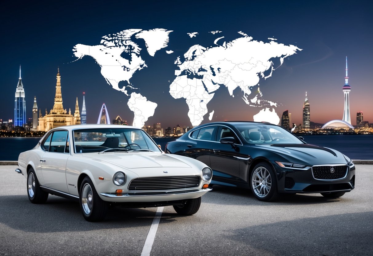 A vintage car parked next to a sleek modern vehicle, both displaying similar design elements. The backdrop includes various global landmarks to represent the impact of retro styling across different models