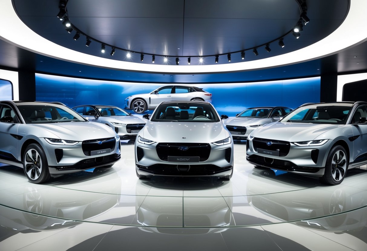 A sleek, futuristic showroom displays five high-performance electric vehicles, each exuding luxury and cutting-edge technology. Bright lights illuminate the sleek curves and polished surfaces, creating an atmosphere of innovation and sophistication