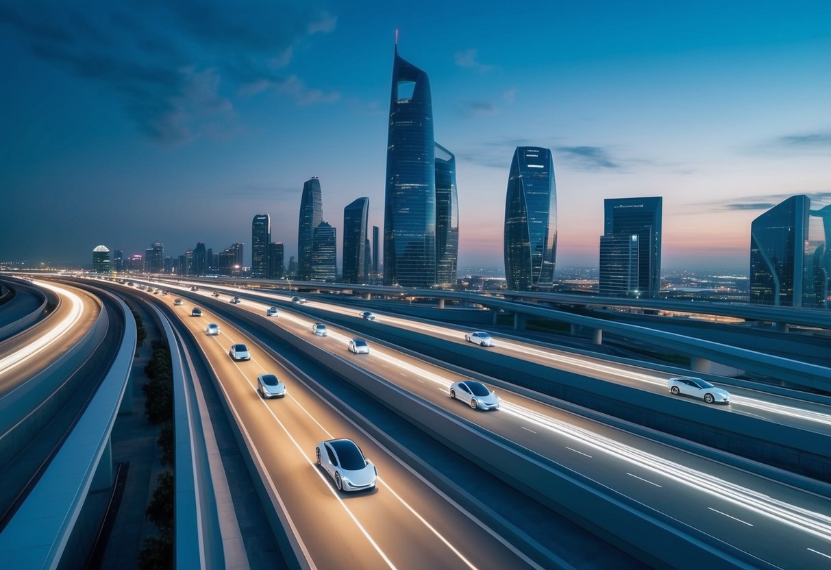 A sleek, futuristic cityscape with high-performance electric vehicles speeding along illuminated highways, surrounded by modern architecture and cutting-edge technology