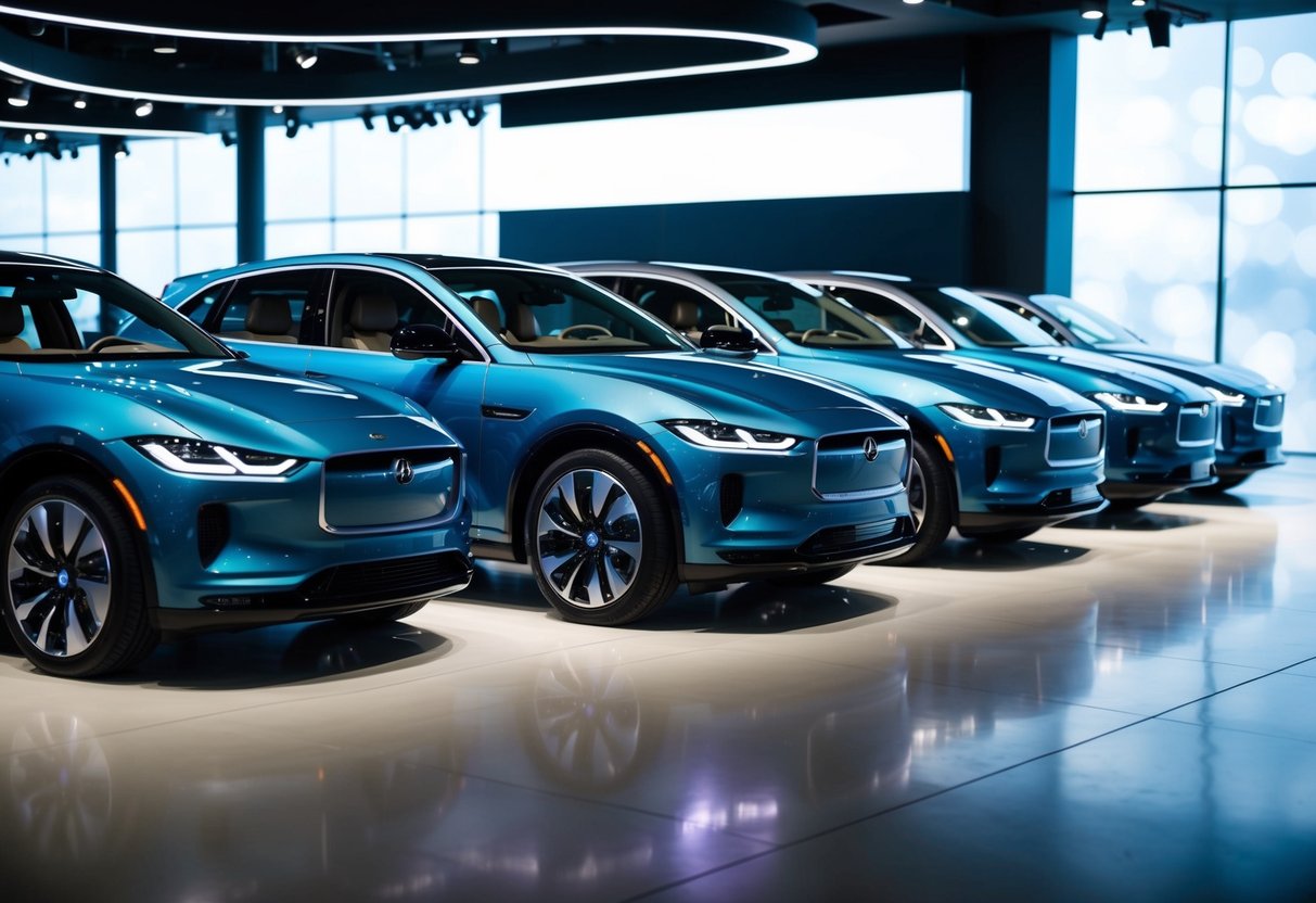 A sleek lineup of high-performance luxury EVs parked in a futuristic showroom, with spotlights highlighting their cutting-edge designs and advanced technology