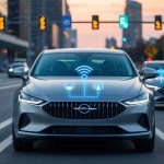 A sleek, modern car equipped with V2X technology communicates with traffic signals and other vehicles on the road, demonstrating smart driving capabilities