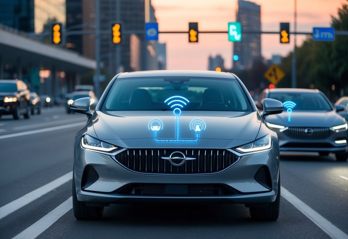 A sleek, modern car equipped with V2X technology communicates with traffic signals and other vehicles on the road, demonstrating smart driving capabilities