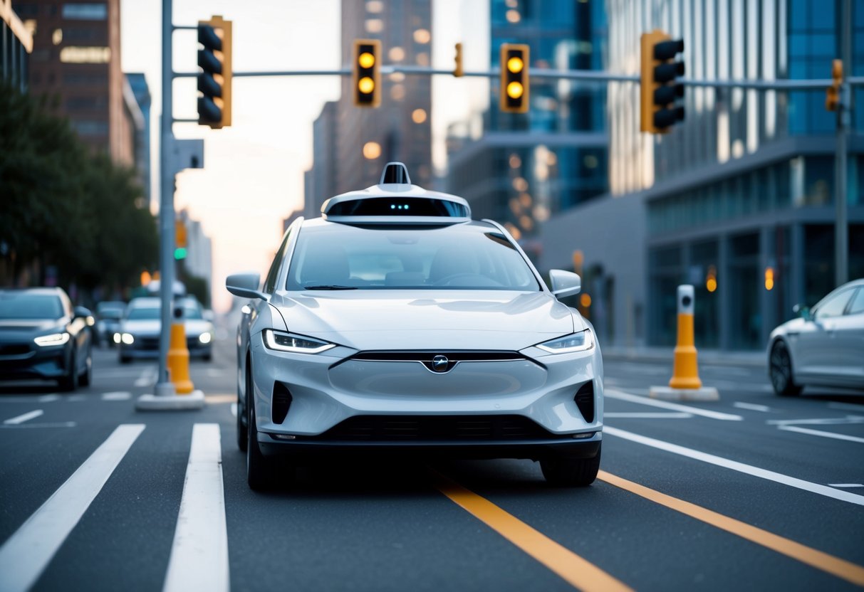 A sleek autonomous vehicle communicates with traffic lights and other vehicles through V2X technology, navigating smoothly through a futuristic smart city