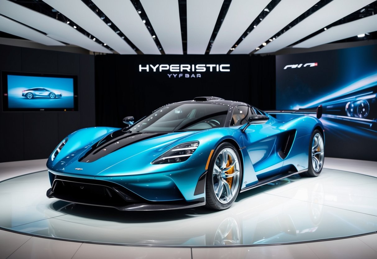 A sleek, futuristic hypercar gleams under bright lights, surrounded by a backdrop of cutting-edge technology and luxurious design elements