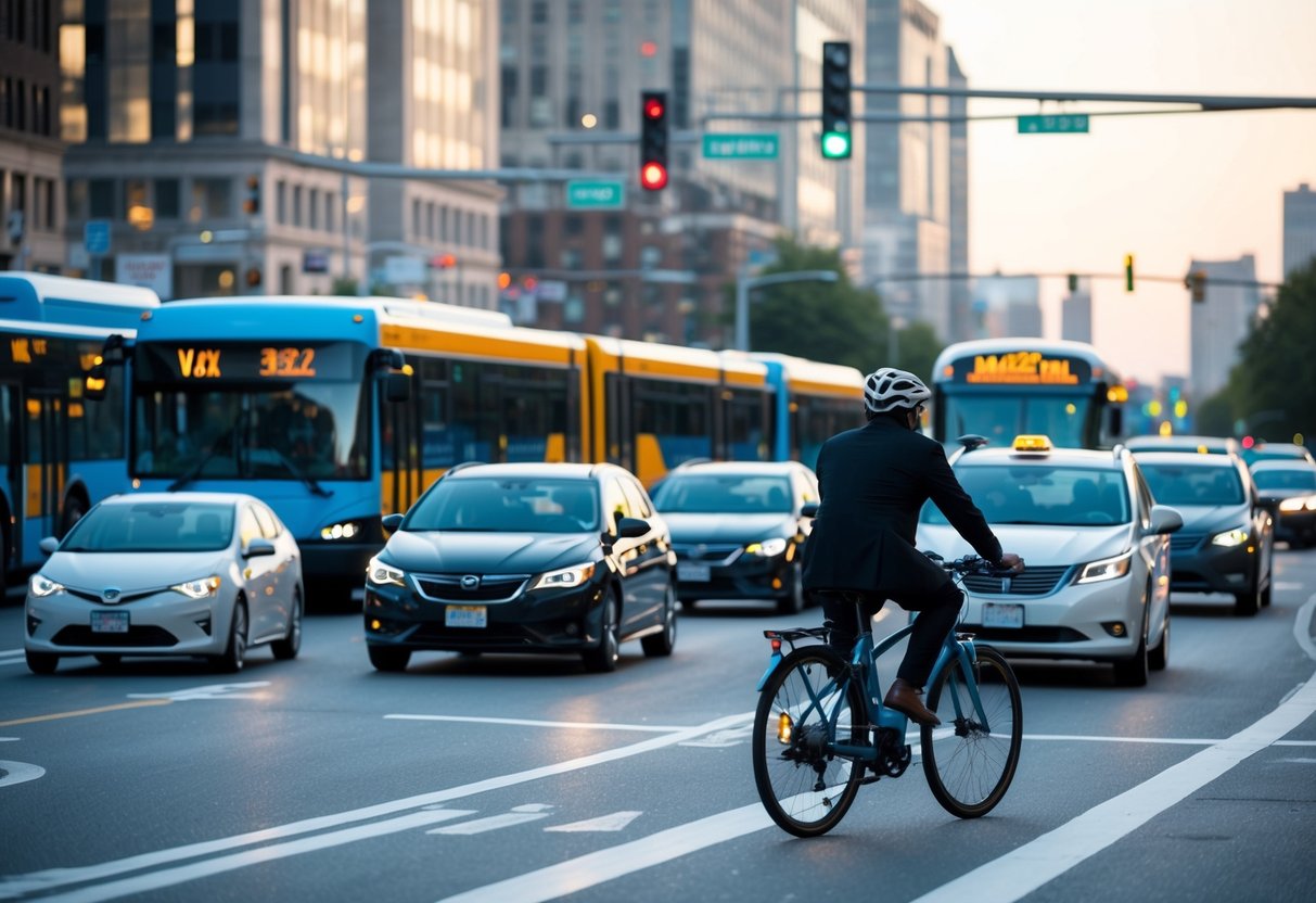 A busy intersection with cars, buses, and bicycles all equipped with V2X technology communicating with each other to ensure safe and efficient traffic flow