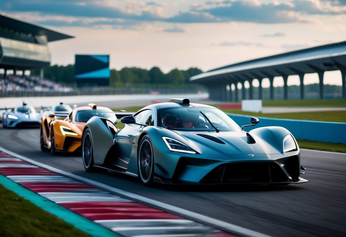 Sleek hypercars race on a futuristic track, surrounded by cutting-edge technology and luxurious design elements