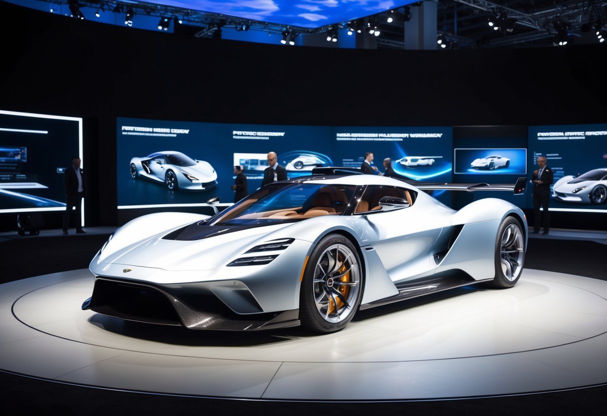 A sleek, futuristic hypercar sits center stage, surrounded by cutting-edge technology displays and luxurious design elements. The scene exudes speed, luxury, and innovation