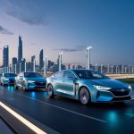 A sleek, futuristic cityscape with luxury plug-in hybrid cars gliding along illuminated streets. The skyline is dotted with charging stations and the cars emit a soft, ambient glow