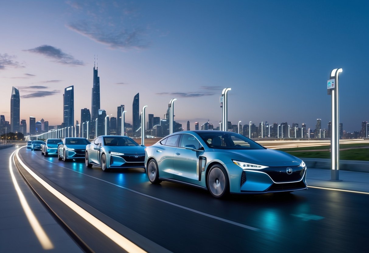 A sleek, futuristic cityscape with luxury plug-in hybrid cars gliding along illuminated streets. The skyline is dotted with charging stations and the cars emit a soft, ambient glow