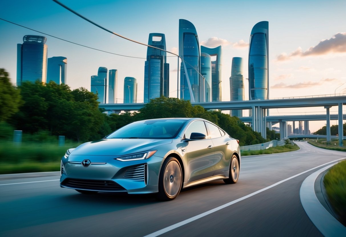 A sleek, modern luxury plug-in hybrid car glides through a futuristic cityscape, surrounded by clean energy infrastructure and lush greenery