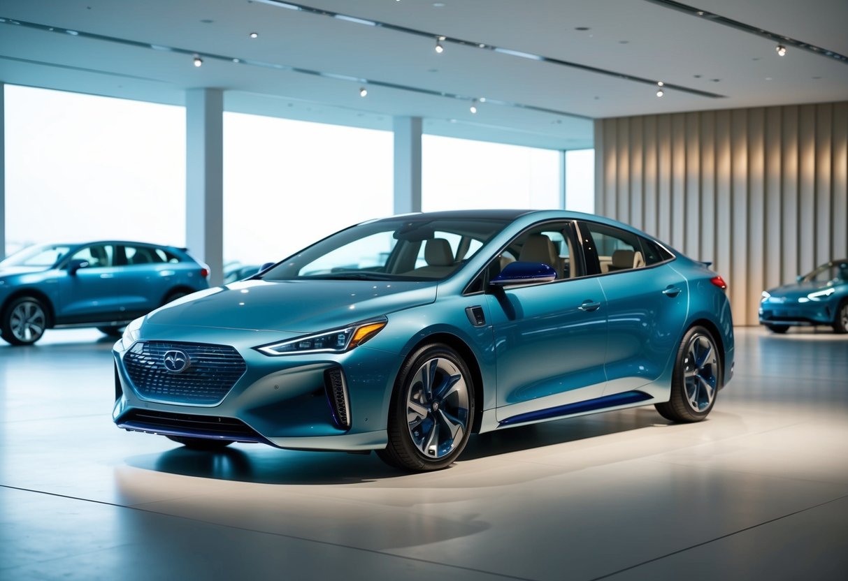 A sleek, futuristic luxury plug-in hybrid car sits in a spacious, modern showroom. Soft ambient lighting highlights the plush interior, showcasing the perfect fusion of design and comfort