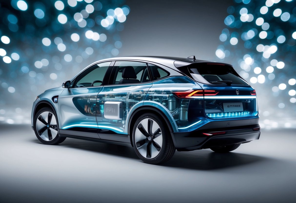 A sleek electric vehicle with a transparent exterior, revealing an advanced solid-state battery powering the vehicle's high-performance engine