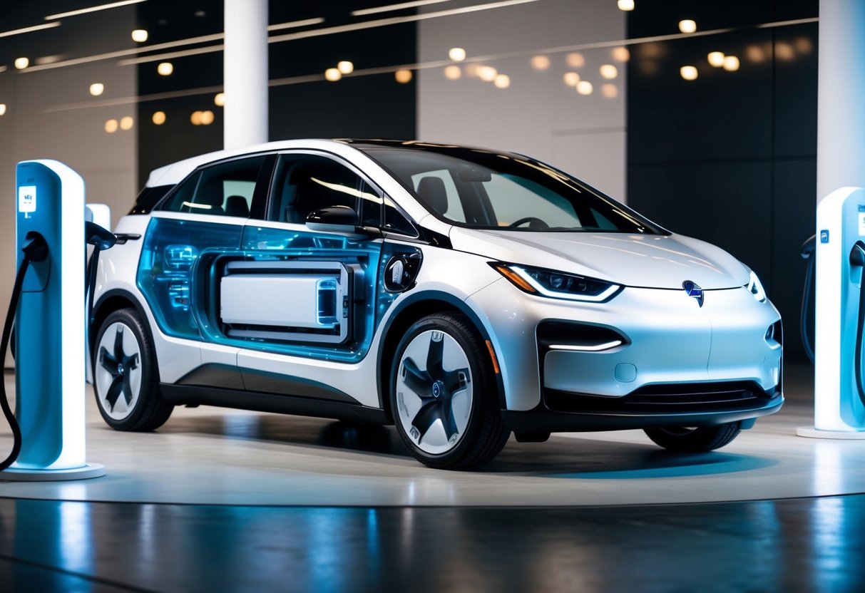 A sleek electric vehicle with a transparent panel revealing a compact solid-state battery pack, surrounded by futuristic charging stations