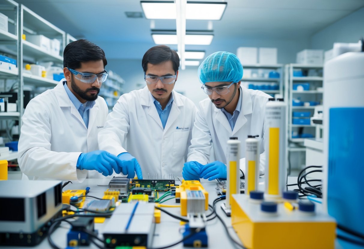 Scientists in a high-tech lab, surrounded by advanced equipment and prototypes, working on developing solid-state batteries for electric vehicles