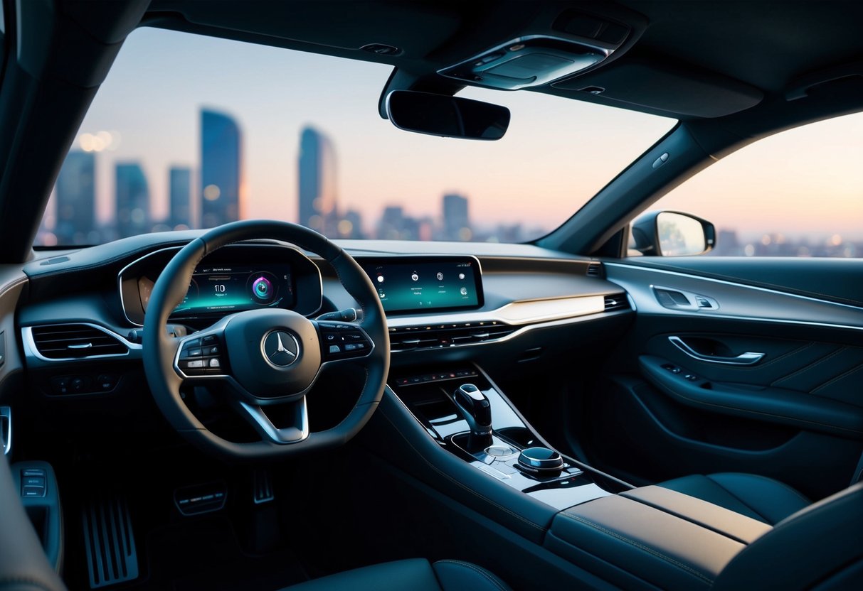 A futuristic car interior with a sleek dashboard and a voice assistant responding to a driver's commands, enhancing the in-car user experience