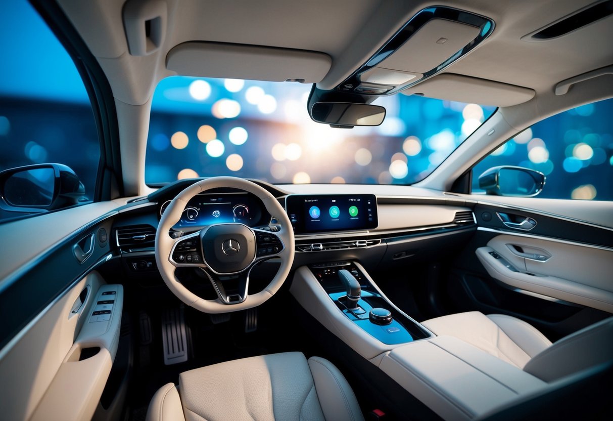 A futuristic car interior with a sleek dashboard featuring a next-gen voice assistant system, surrounded by advanced technology and a seamless user interface