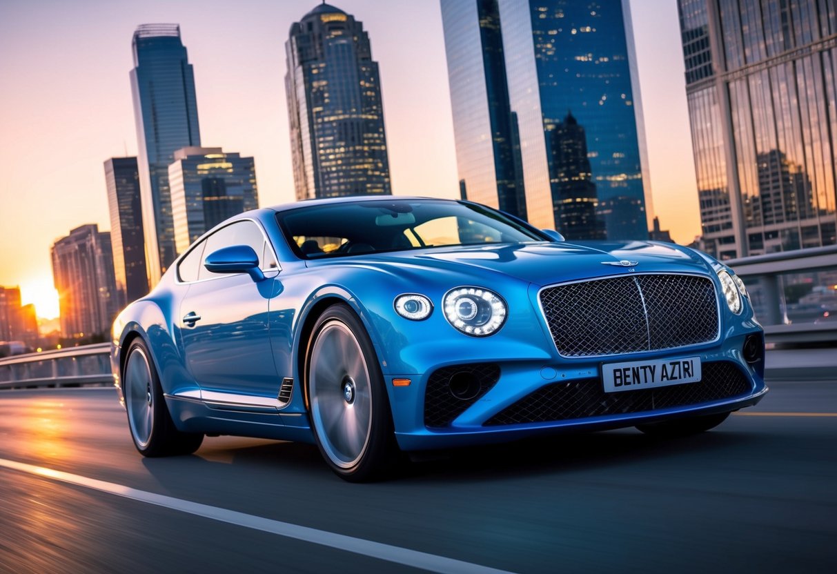 A sleek, futuristic Bentley Azure supercar glides through a bustling city at sunset, reflecting the shimmering lights of skyscrapers and exuding an aura of luxury and power