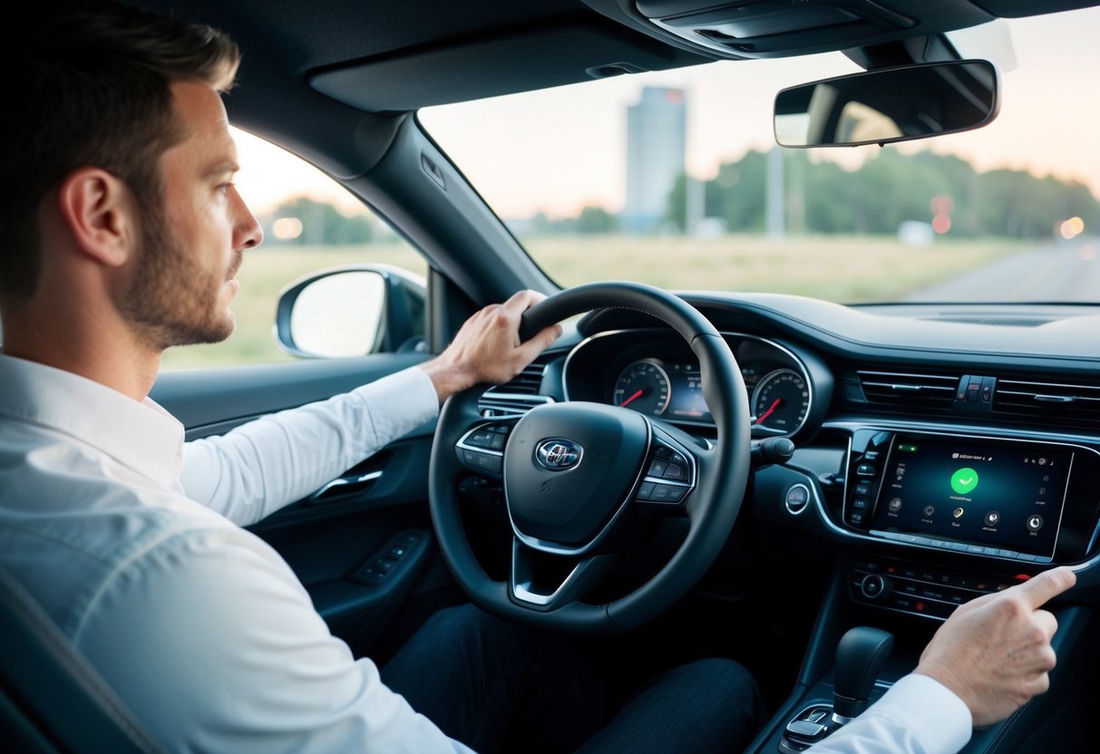 A driver using a voice assistant to control car functions while driving, with a seamless and convenient user experience