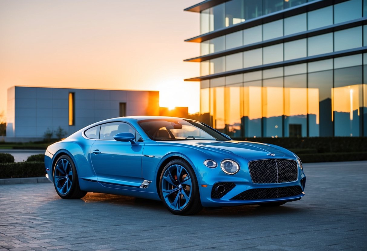 A sleek, futuristic 2025 Bentley Azure Supercar parked in front of a modern, luxurious building, with the sun setting in the background, casting a warm glow on the scene