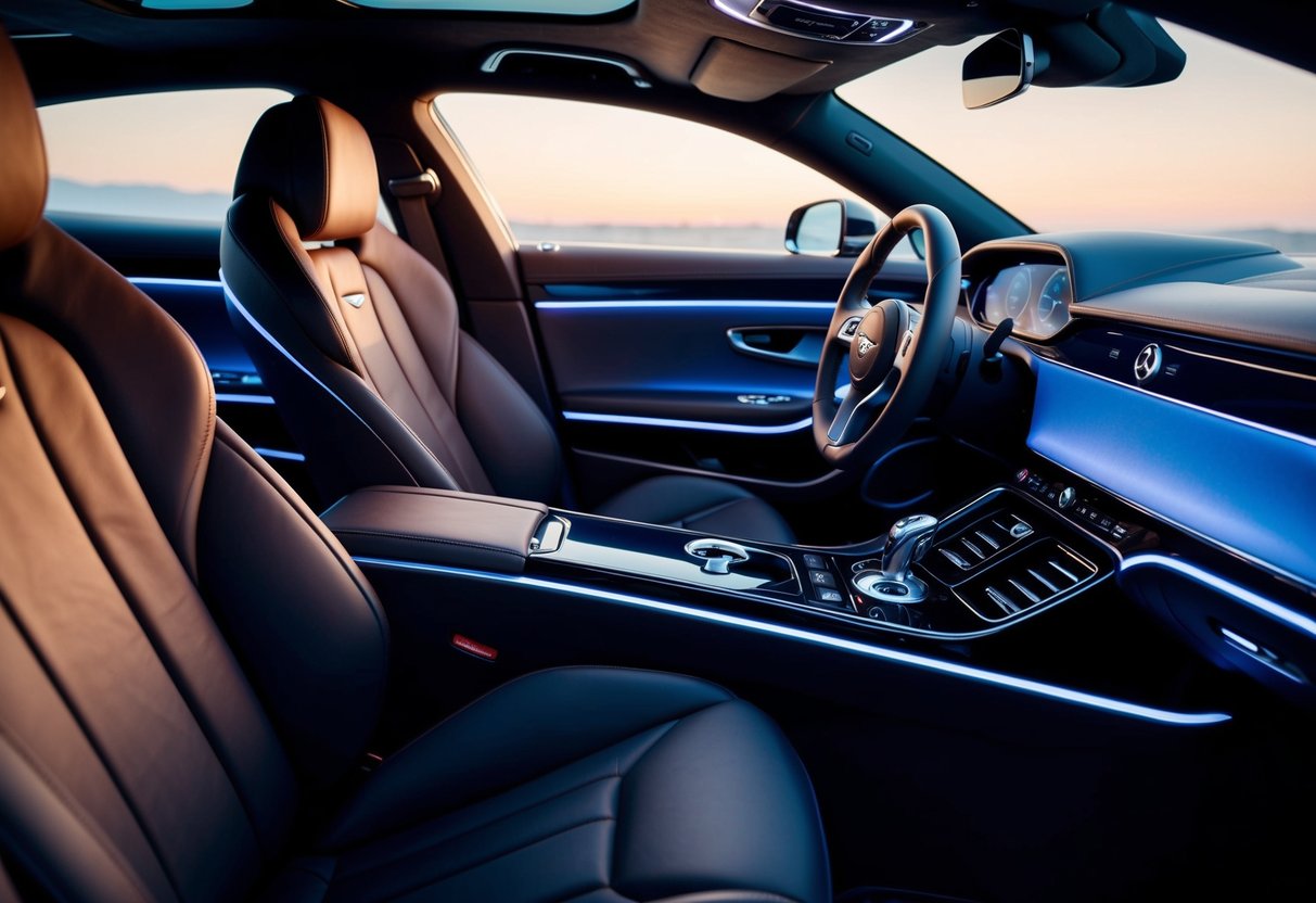 A sleek, futuristic interior with plush leather seats, polished wood accents, and state-of-the-art technology. The soft glow of ambient lighting highlights the opulent details of the 2025 Bentley Azure Supercar