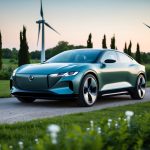 A futuristic car made from sustainable materials, with sleek, aerodynamic lines, surrounded by greenery and renewable energy sources