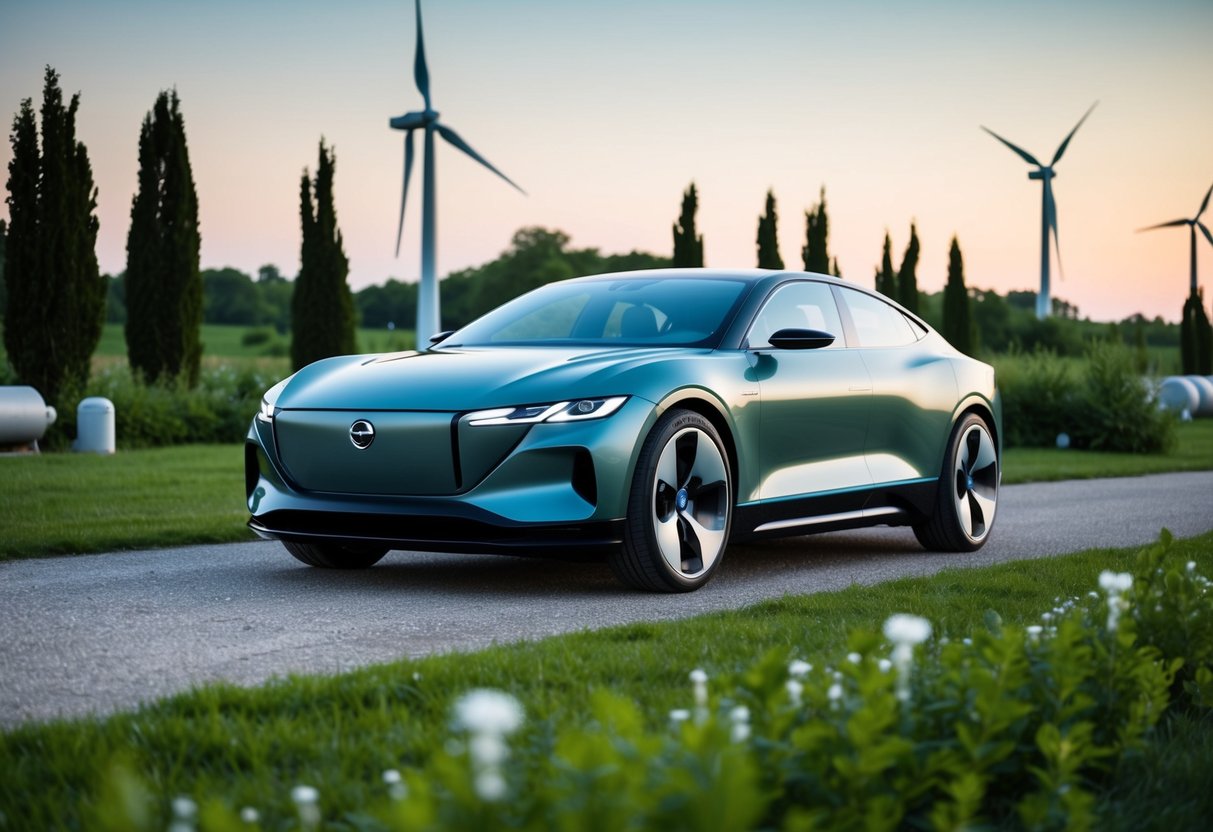 A futuristic car made from sustainable materials, with sleek, aerodynamic lines, surrounded by greenery and renewable energy sources