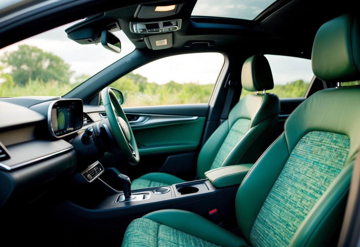 A car interior with sustainable materials such as recycled fabrics, natural fibers, and eco-friendly plastics, showcasing the trend of environmentally conscious car design