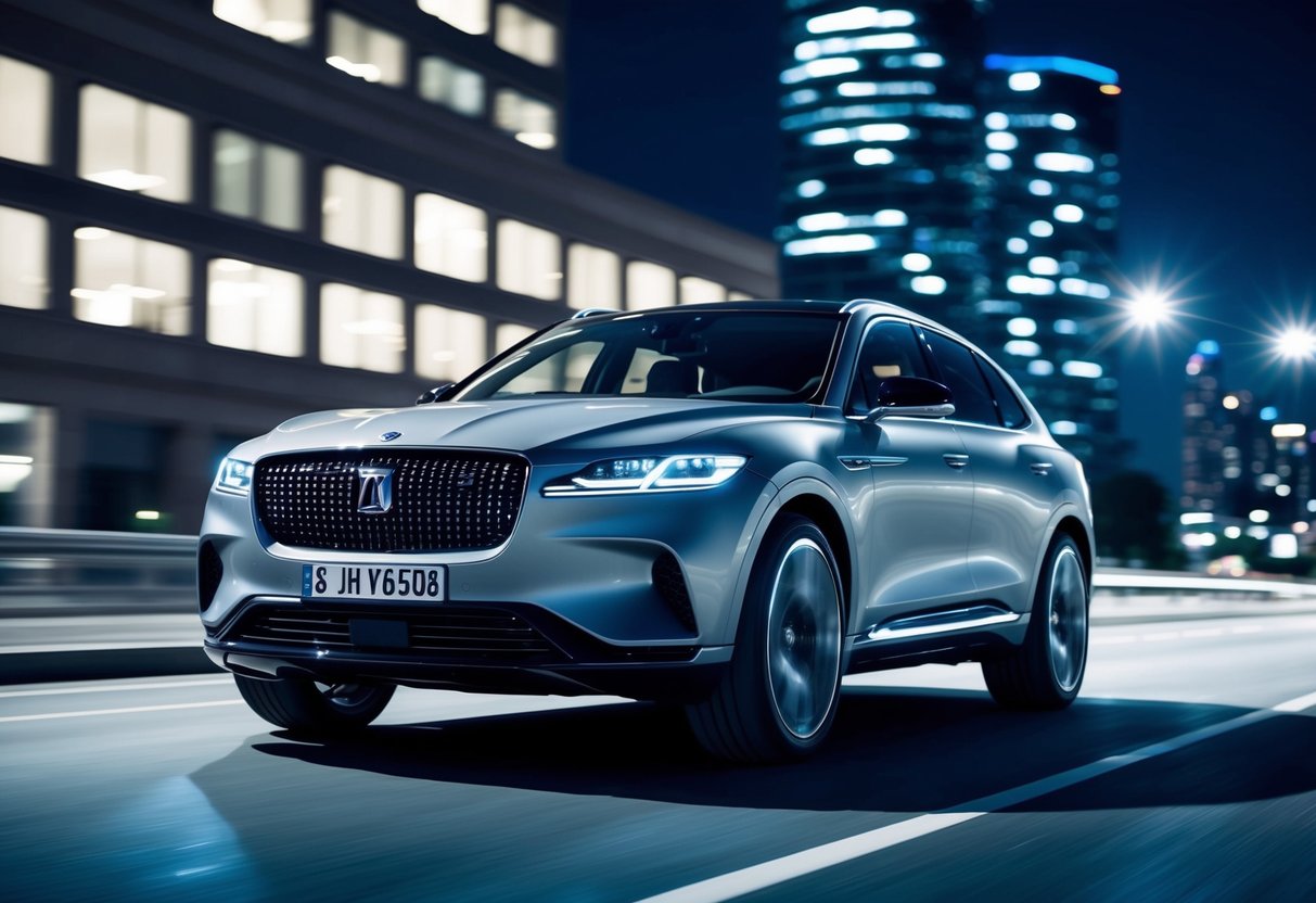 A sleek, futuristic SUV glides through a city at night, its luxurious design and powerful engine redefining the concept of comfort and speed