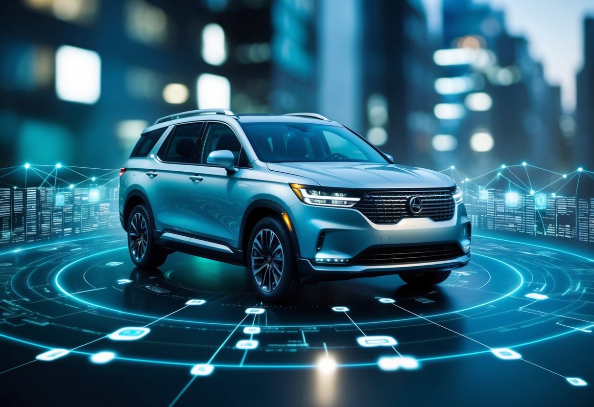 A sleek vehicle with glowing digital displays, surrounded by a network of interconnected nodes and security protocols