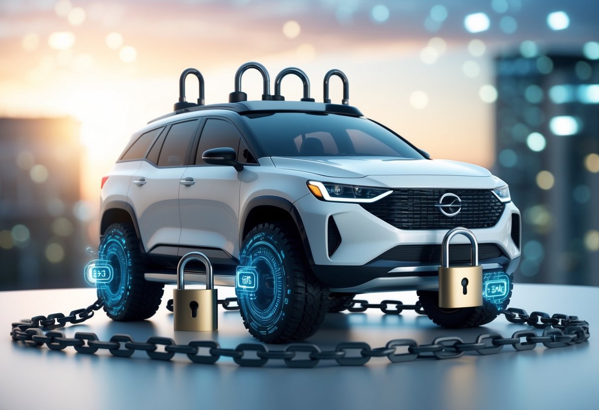 A futuristic vehicle surrounded by digital locks and chains, symbolizing the integration of blockchain technology to enhance security and connectivity