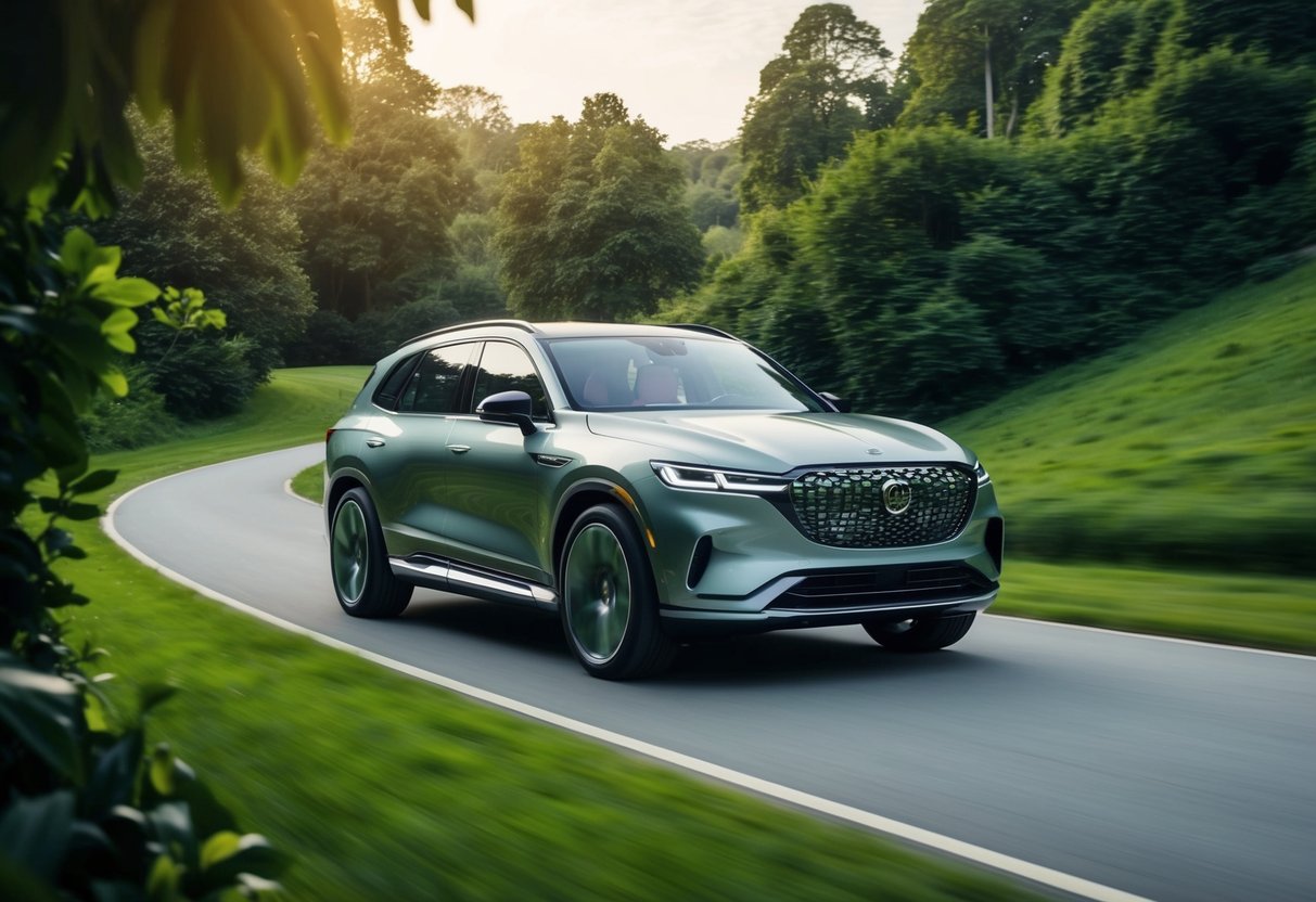 A sleek, futuristic SUV glides through a lush, green landscape, surrounded by opulent, eco-friendly features and cutting-edge technology