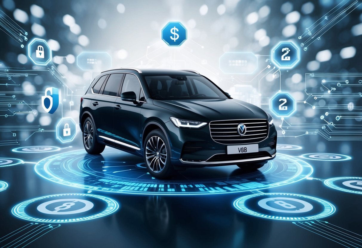 A sleek vehicle connected to a secure blockchain network, surrounded by data nodes and encryption symbols, showcasing enhanced security and connectivity