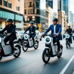 An urban street scene with a variety of electric motorbikes and bicycles in motion, showcasing the rising trend in two-wheeled electric mobility