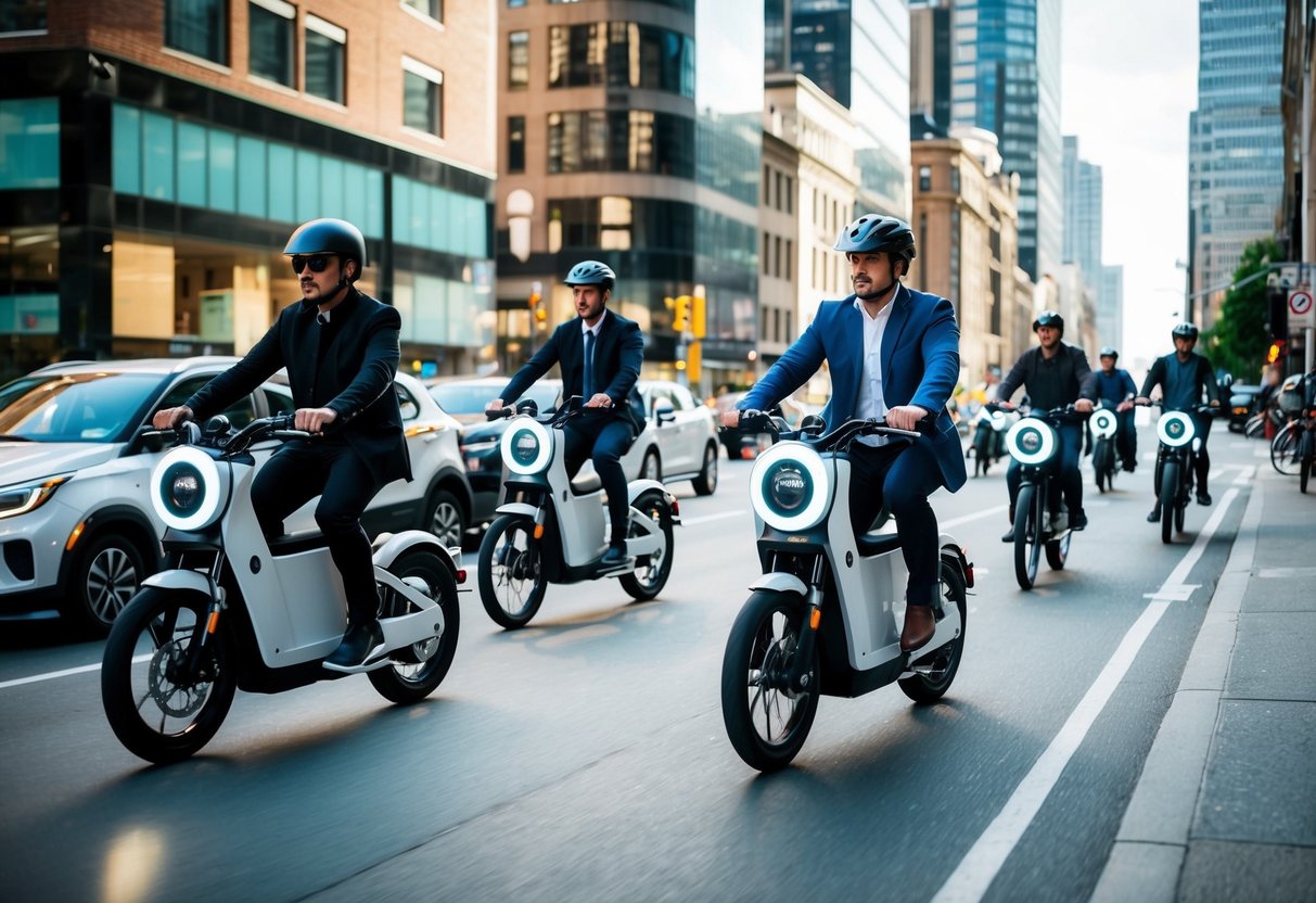 An urban street scene with a variety of electric motorbikes and bicycles in motion, showcasing the rising trend in two-wheeled electric mobility