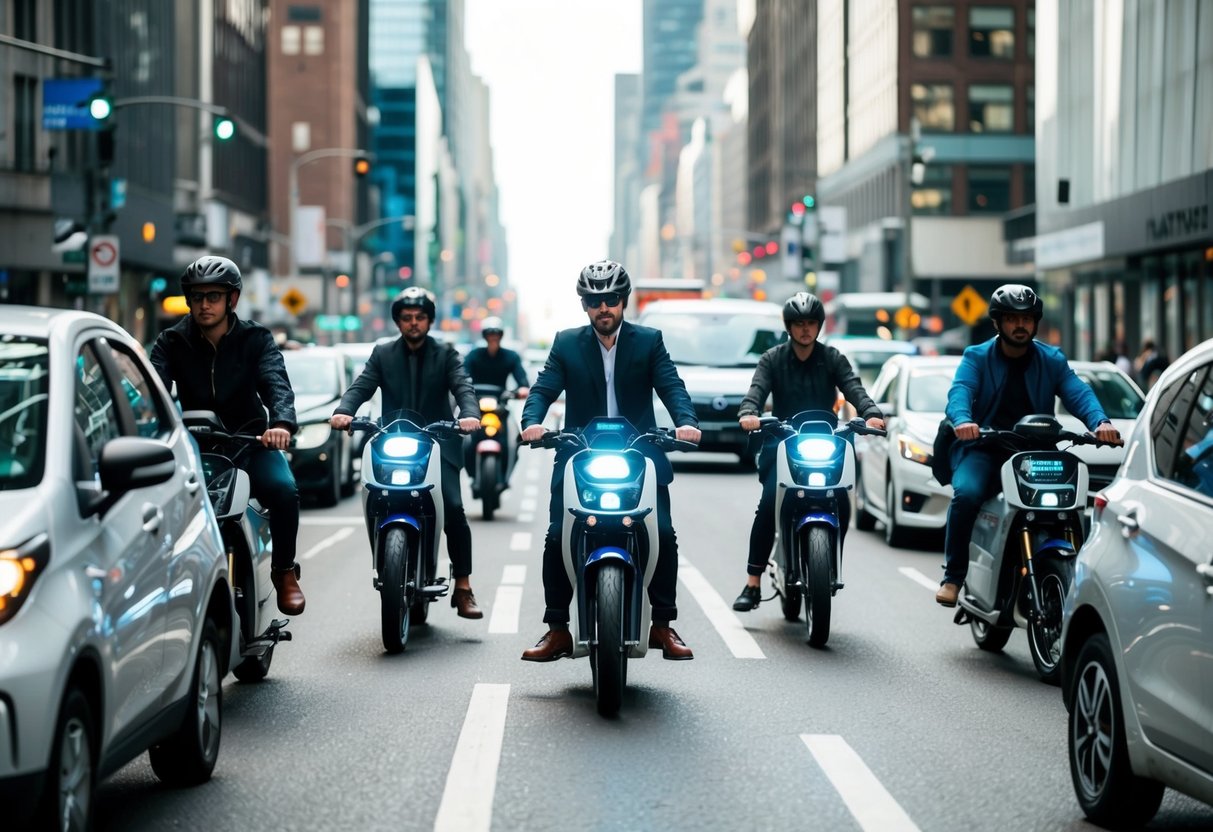 A bustling city street with a mix of e-motorbikes and e-bikes weaving through traffic, showcasing the rising trend in two-wheeled electric mobility