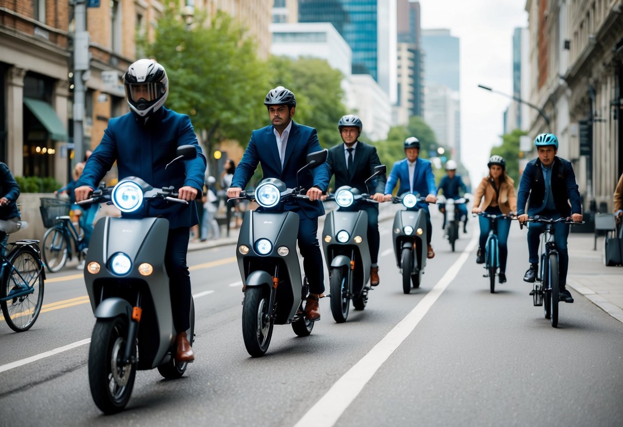 An urban street scene with e-motorbikes and e-bikes commuting alongside traditional bicycles and pedestrians, showcasing the rising trend in two-wheeled electric mobility